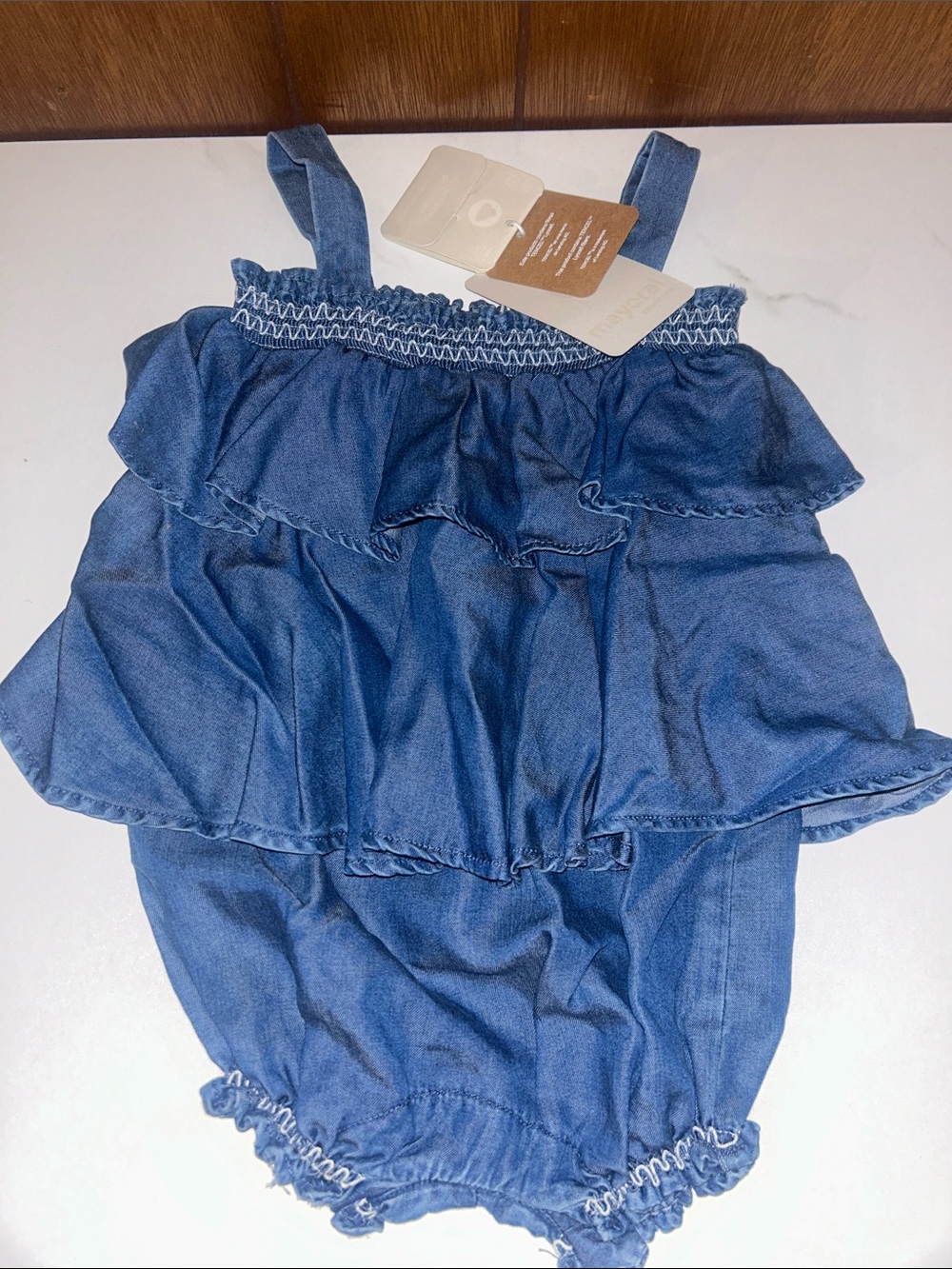 3/$25 Mayoral | Blue Chambray Ruffle Romper
